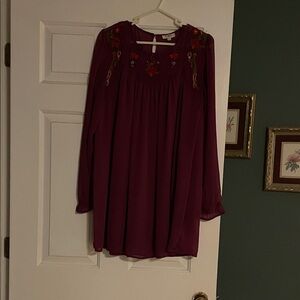 Umgee Burgundy Dress with Floral Embroidery